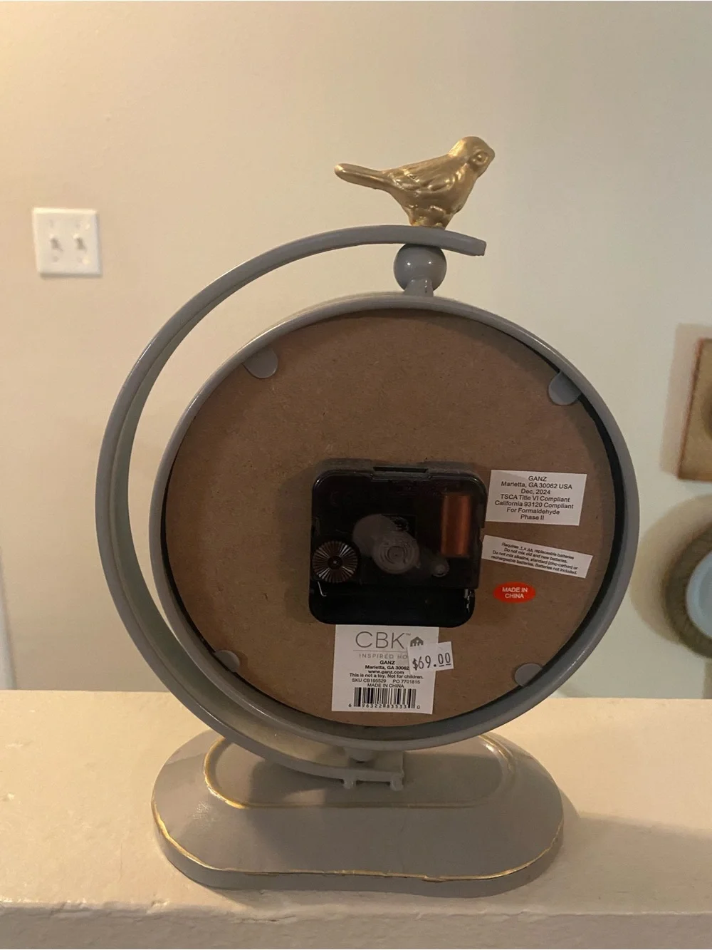CBK. Ganz. Gray and Gold Bird Accent Table Clock-NWT. 9.5/7.